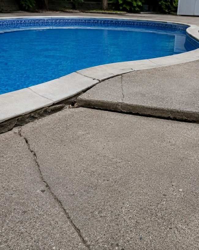 Pool deck slab settled and dropped away from the coping after water got under it through a failed expansion joint